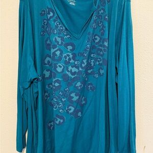 Just My Size Teal Animal Print V-Neck Blouse